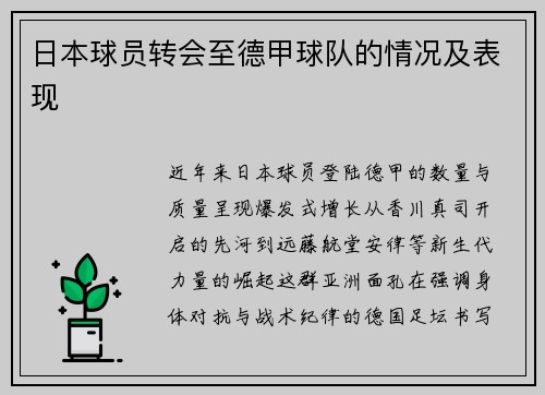 日本球员转会至德甲球队的情况及表现