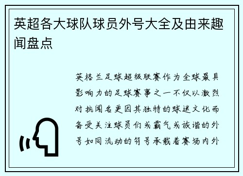 英超各大球队球员外号大全及由来趣闻盘点