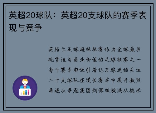 英超20球队：英超20支球队的赛季表现与竞争